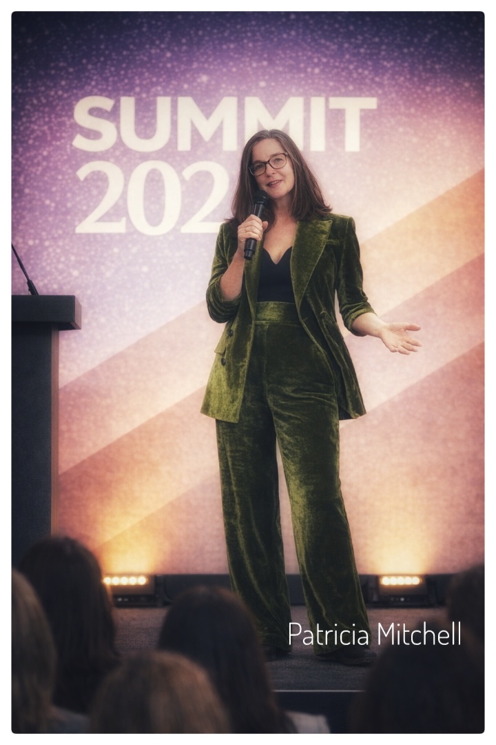 Woman in green velvet suit speaking on stage at summit, audience visible in foreground.