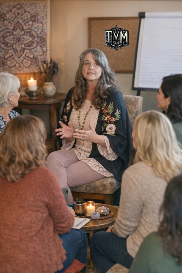 Woman speaking to a group in a cozy room with candles and decorative wall art.