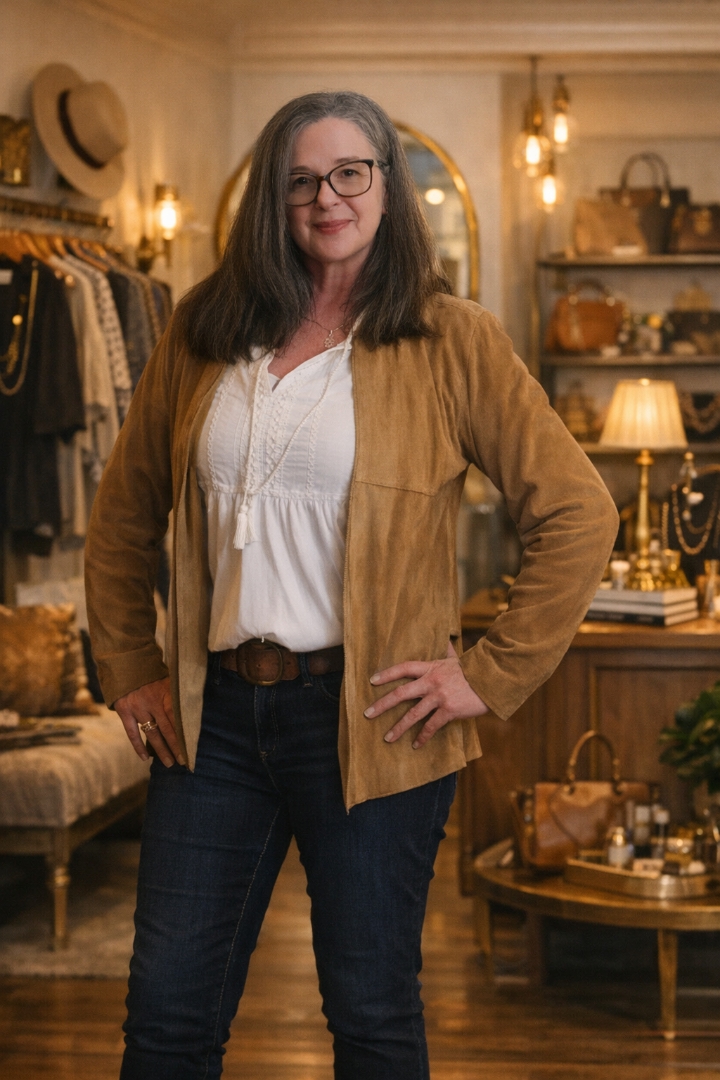 Woman with glasses and long hair standing in a boutique store, smiling, with clothing and decor in background.