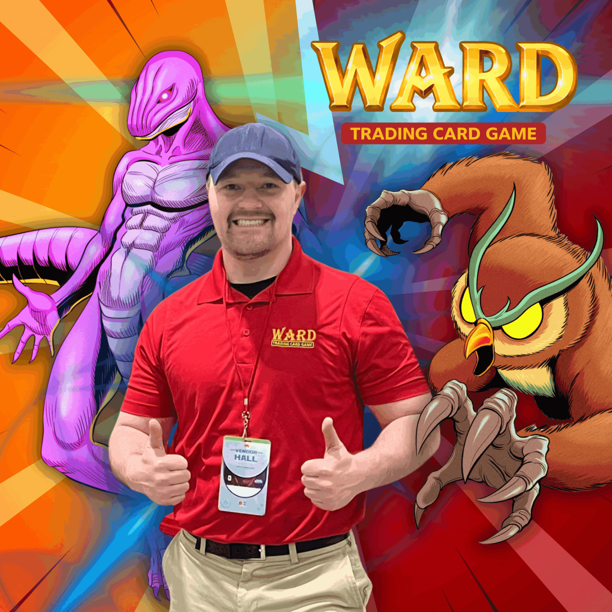 Man in red shirt and cap smiling and giving thumbs up, colorful game card background with creatures.