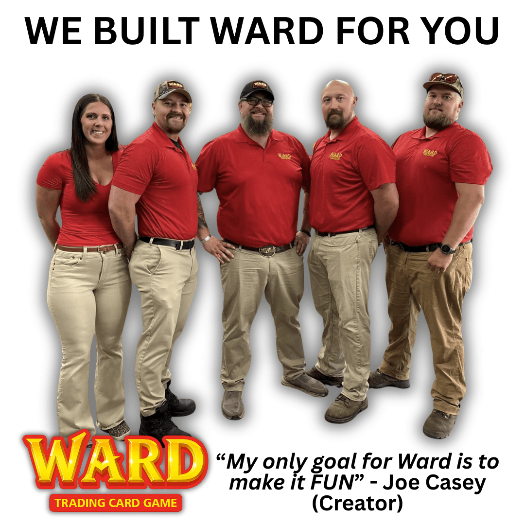 Group of five people in red shirts and beige pants standing together, smiling, with text above and below them.