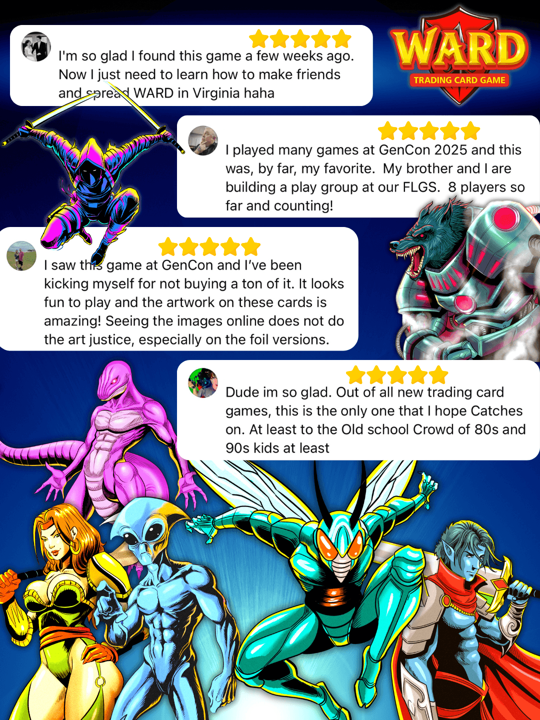 Group of colorful fantasy characters, including a pink creature, a blue armored figure, and a dragon, with game-related text overlays.