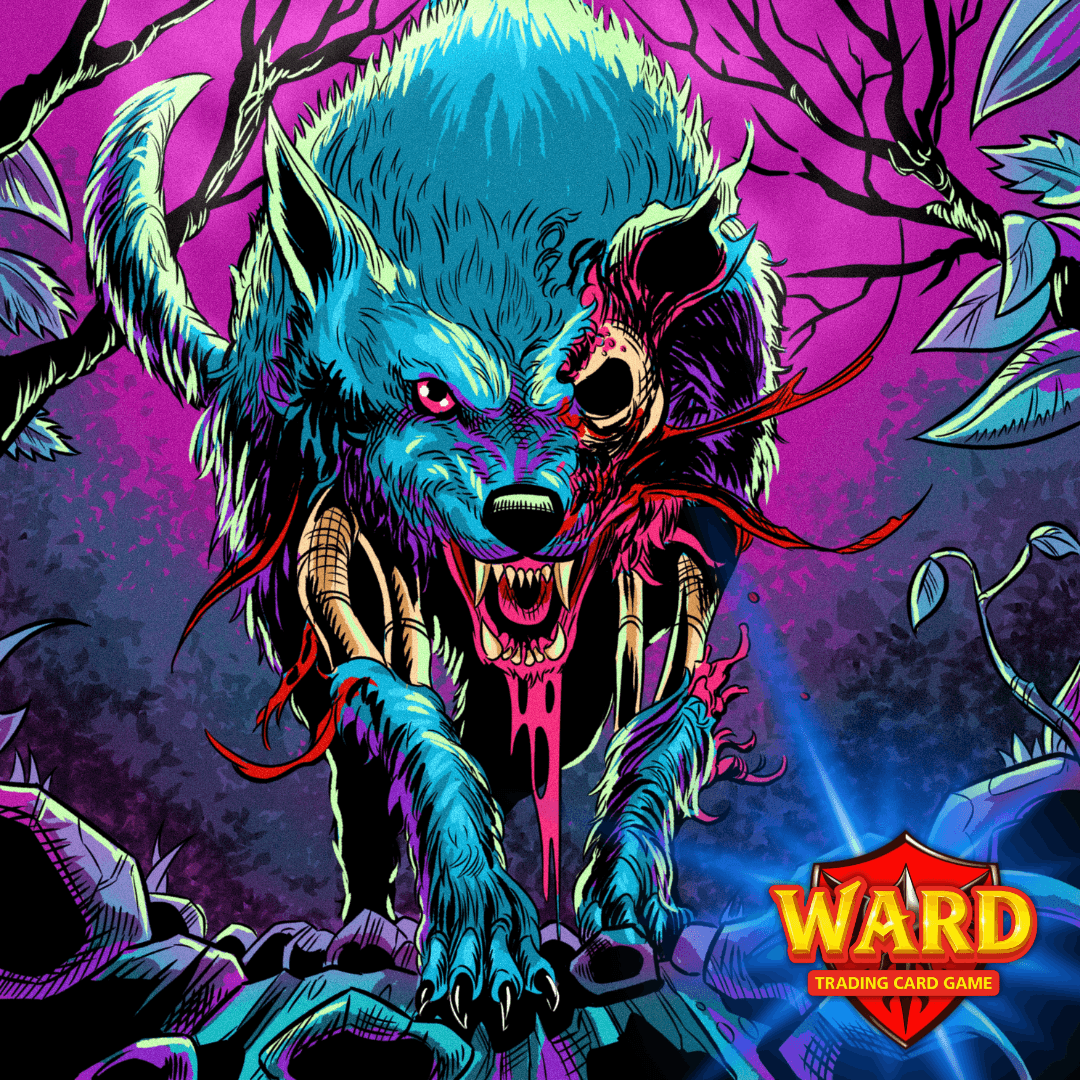 A fierce, multi-headed wolf-like creature with vibrant blue fur, sharp teeth, and glowing eyes in a dark, eerie forest.