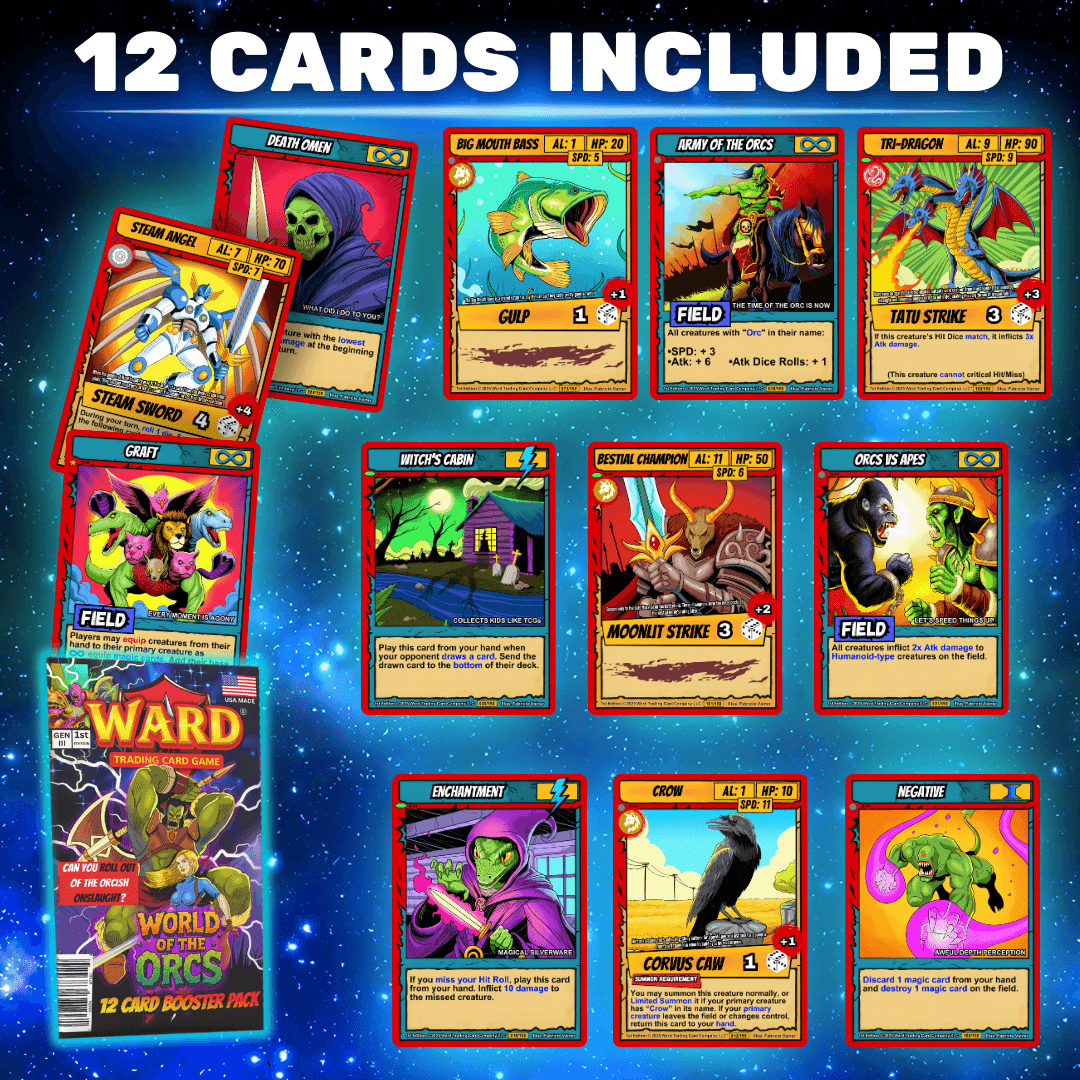 Collection of 12 colorful trading cards with various characters and scenes, arranged on a blue background with space theme.