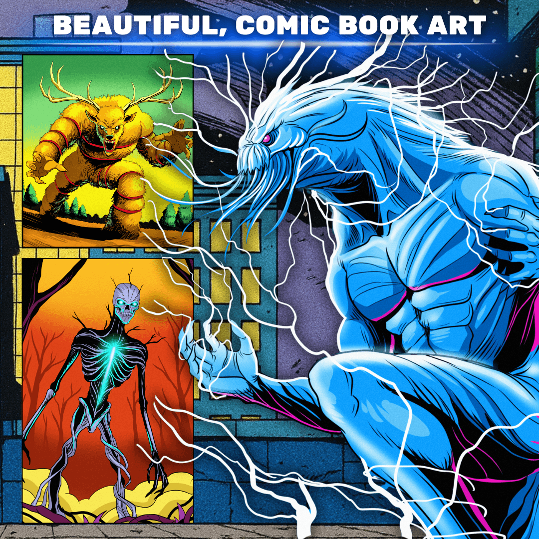 Comic book art featuring three characters: a yellow creature, a blue creature with white hair, and a purple creature with glowing chest, lightning effects.