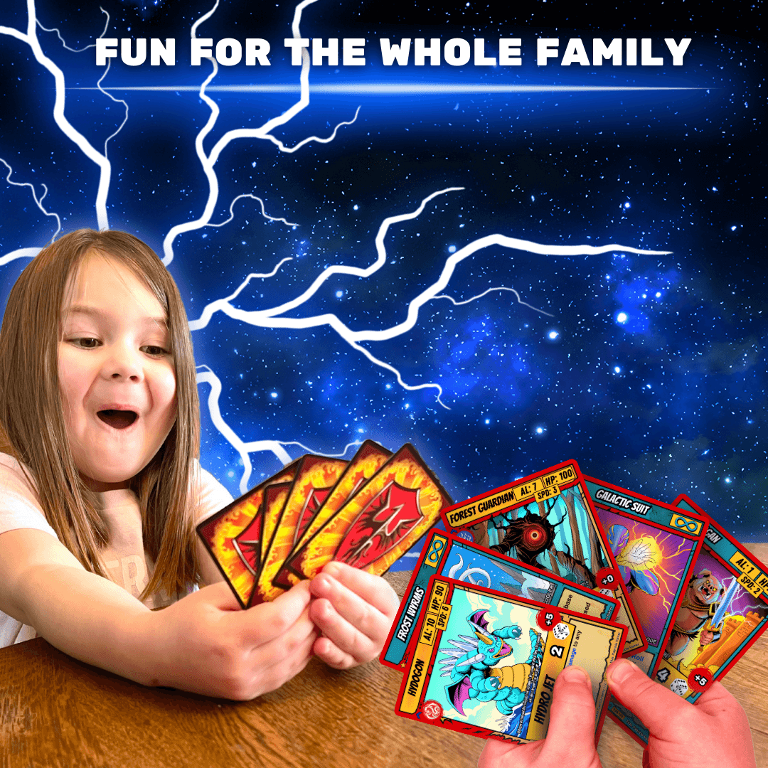 Child playing with colorful cards at a table, background of lightning and stars, text says 'Fun for the whole family'.