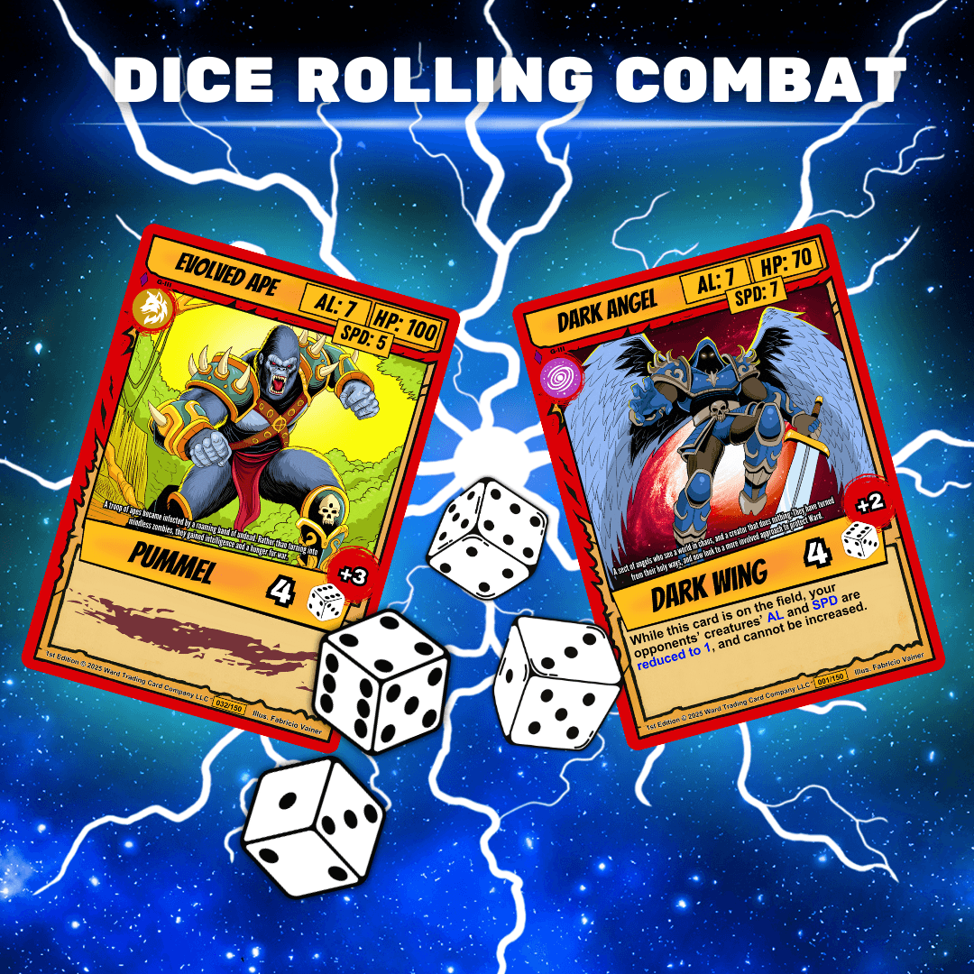 Two trading cards, three dice, and lightning in space background. Cards titled 'Evolved Are' and 'Dark Angel'.