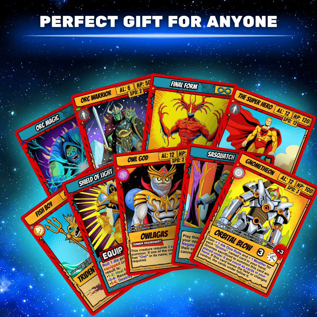 Collection of colorful trading cards featuring various characters and items, set against a starry space background.