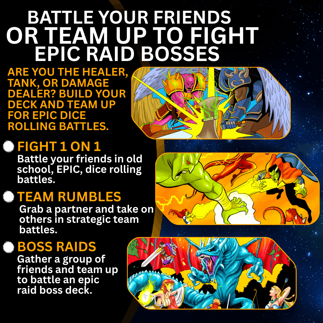 Four colorful illustrations depict game modes: one with a dragon, one with a green creature, one with a red dragon, and one with a blue dragon. Text describes game modes: fight, team rumbles, boss raids.