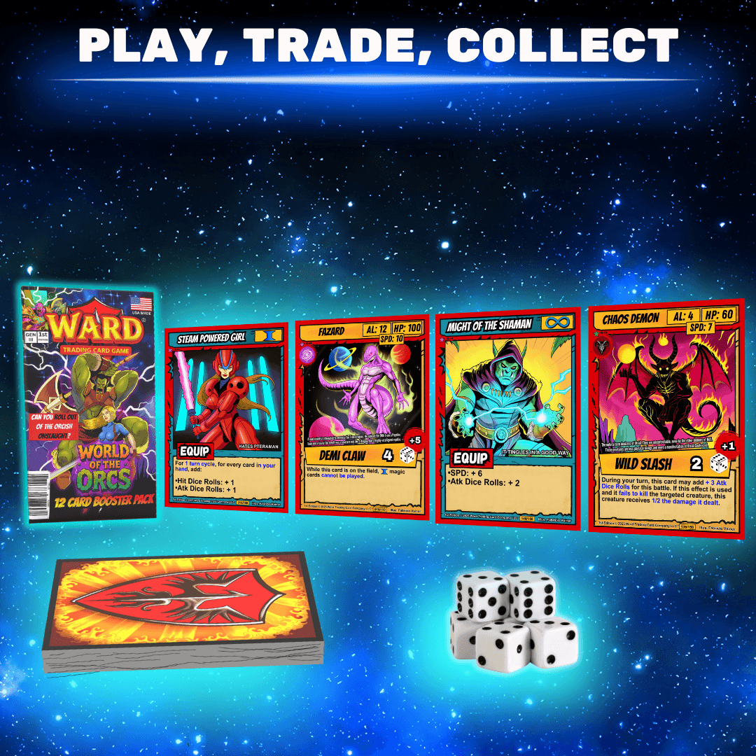 Five colorful game cards, a deck, and four dice on a starry background with the text 'PLAY, TRADE, COLLECT'.