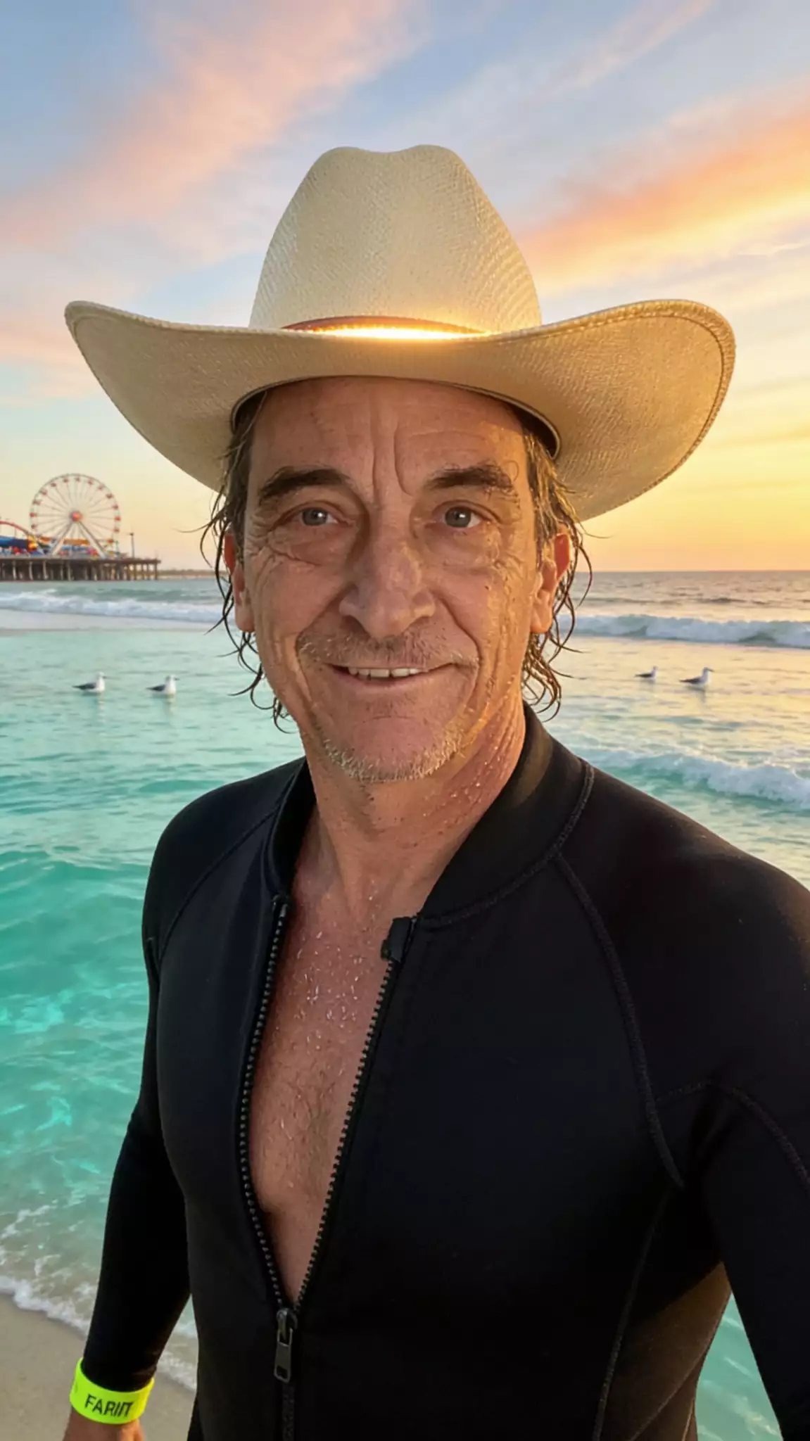 Man wearing a cowboy hat and wetsuit smiling at the beach during sunset.