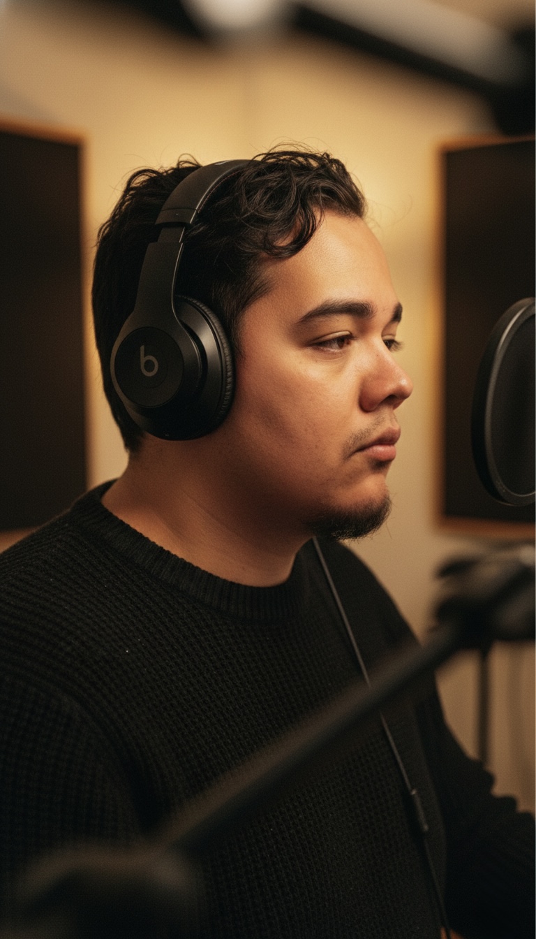 Young man with headphones in a recording studio, focused on a microphone, wearing a black sweater.