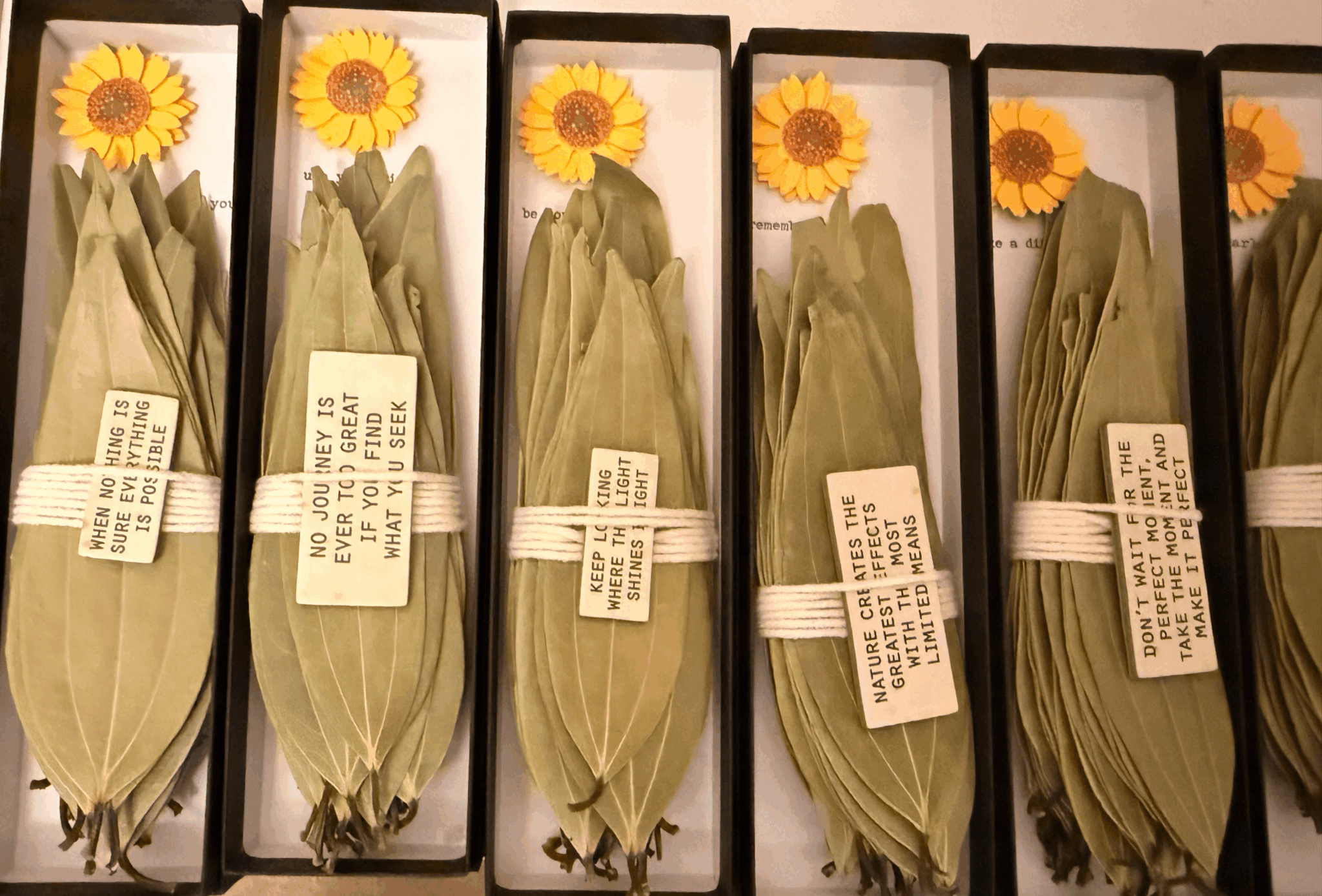 Six boxes with dried leaves and sunflower decorations, each with a white label attached, arranged in a row.