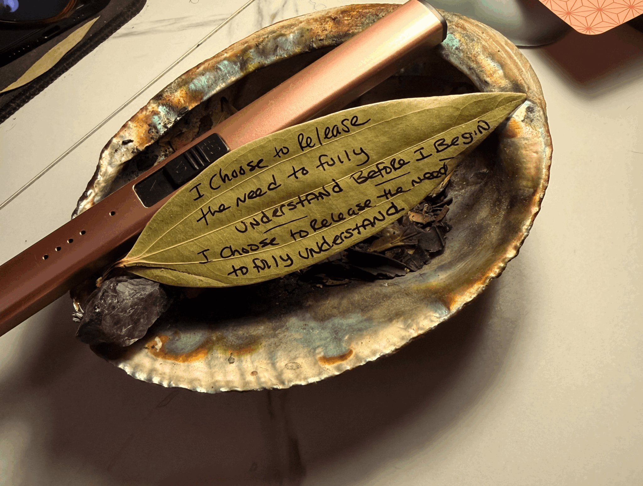 A shell with a leaf and a handwritten note inside, a pen resting on the shell, on a surface.
