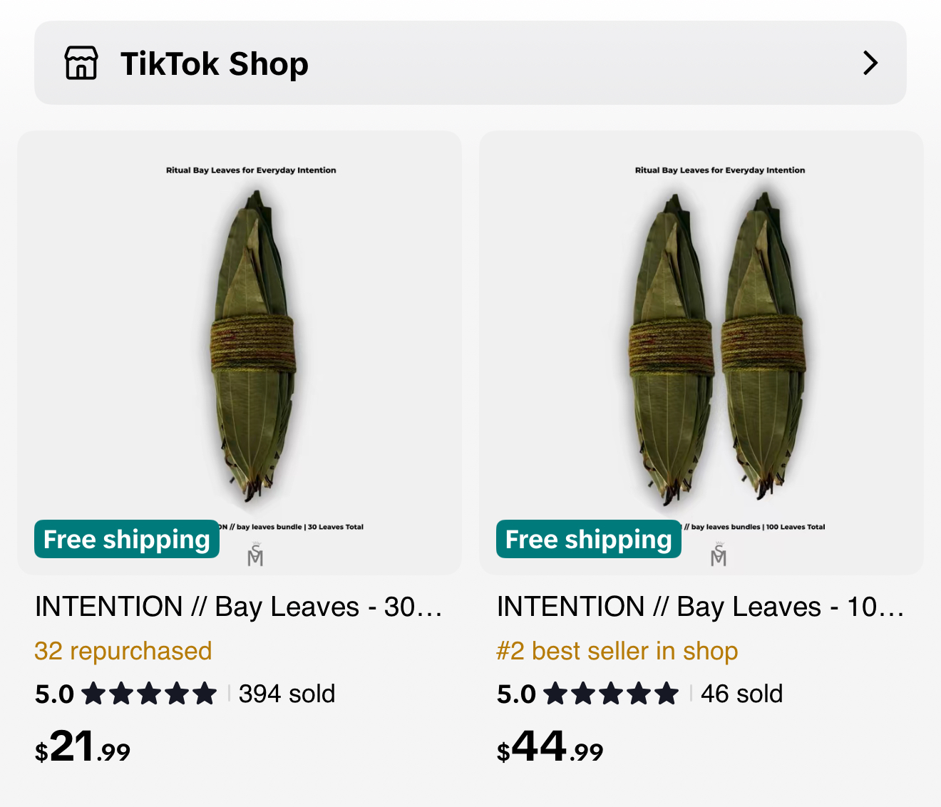 Two packages of bay leaves in green packaging, with prices and ratings displayed, and a 'Free shipping' label.