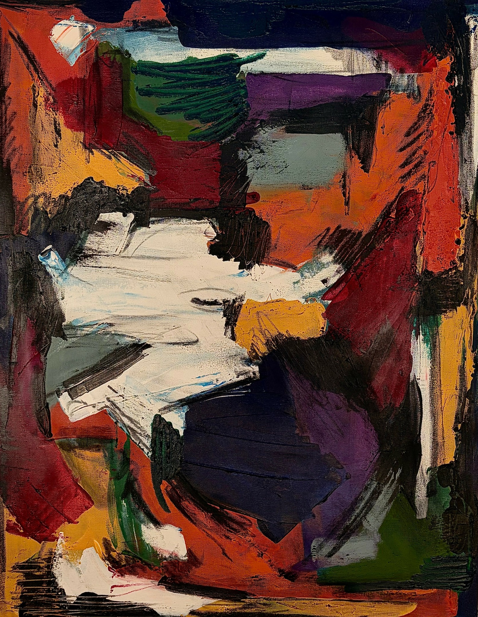 Abstract painting with bold colors and brushstrokes, including red, orange, green, purple, black, and white areas.