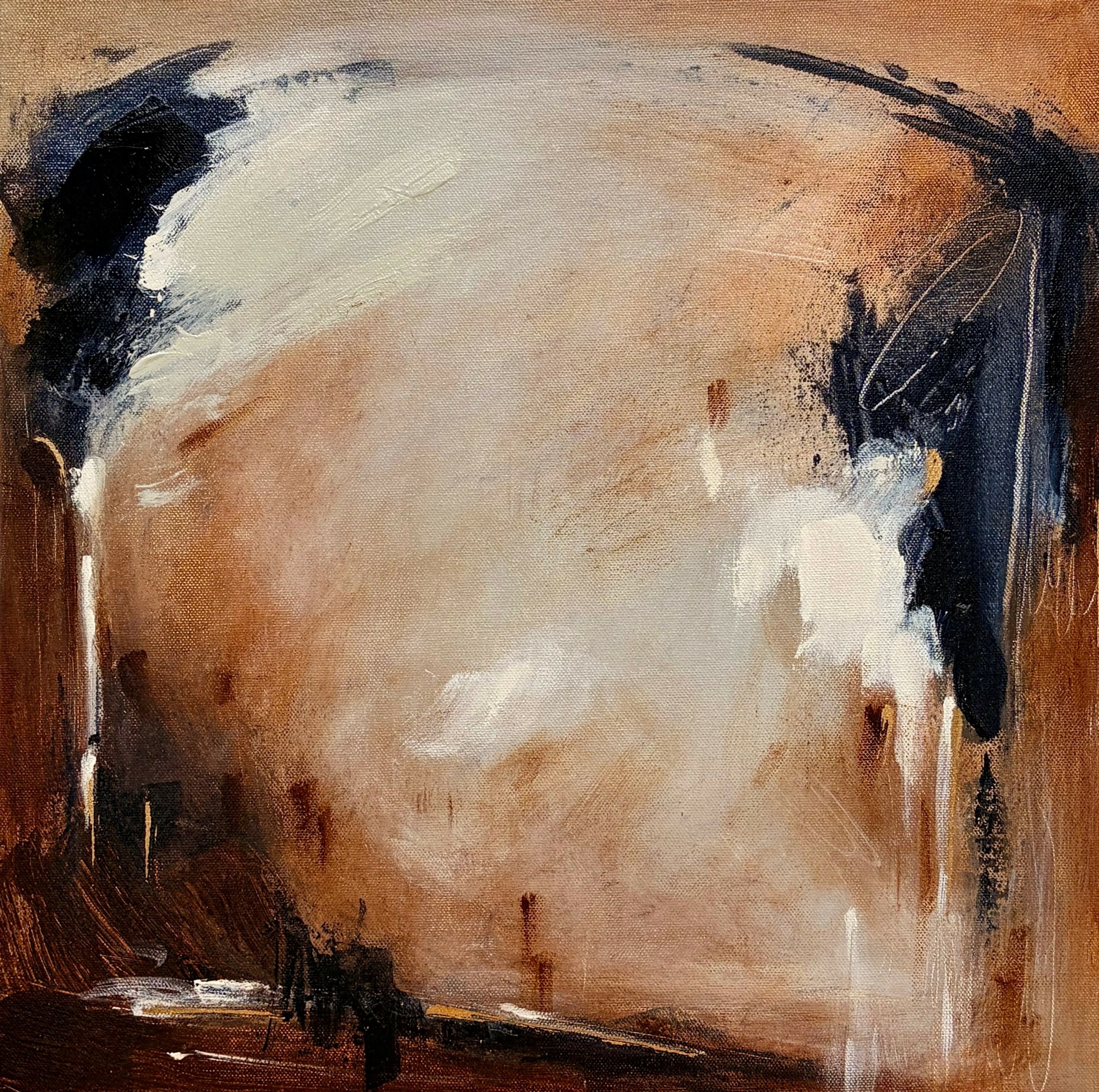 Abstract painting with beige, black, and white brushstrokes, no clear subject or objects visible.