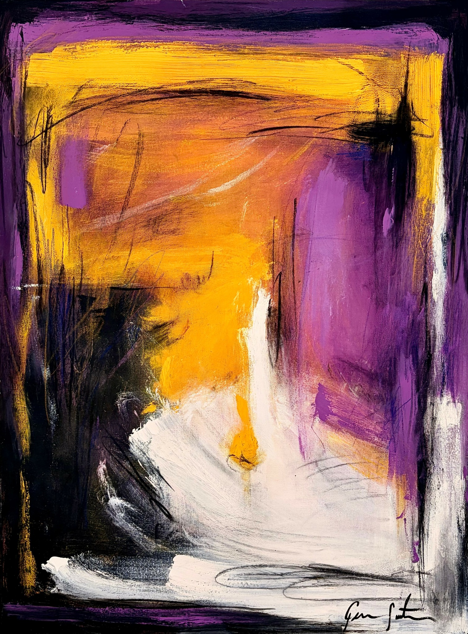 Abstract painting with yellow, purple, black, and white brushstrokes, featuring a central white area and vibrant colors.