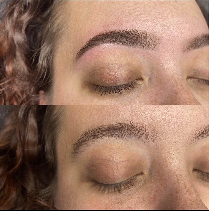 Close-up of a person's face with eyes closed, showing eyebrows and eyelids, with natural skin and hair texture.