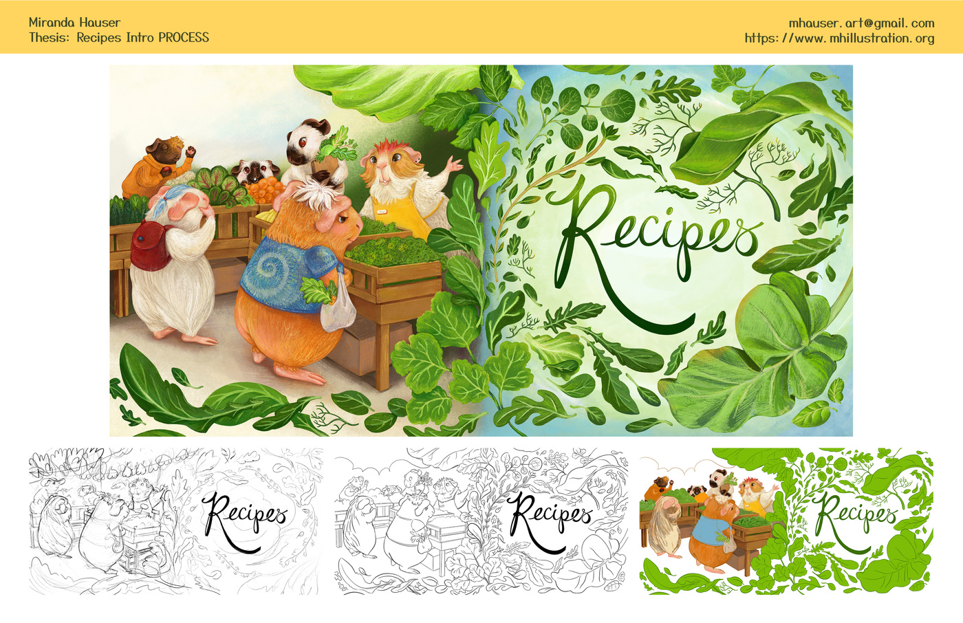 Colorful illustration of animals cooking together, with leafy green background and the word 'Recipes' in decorative script.