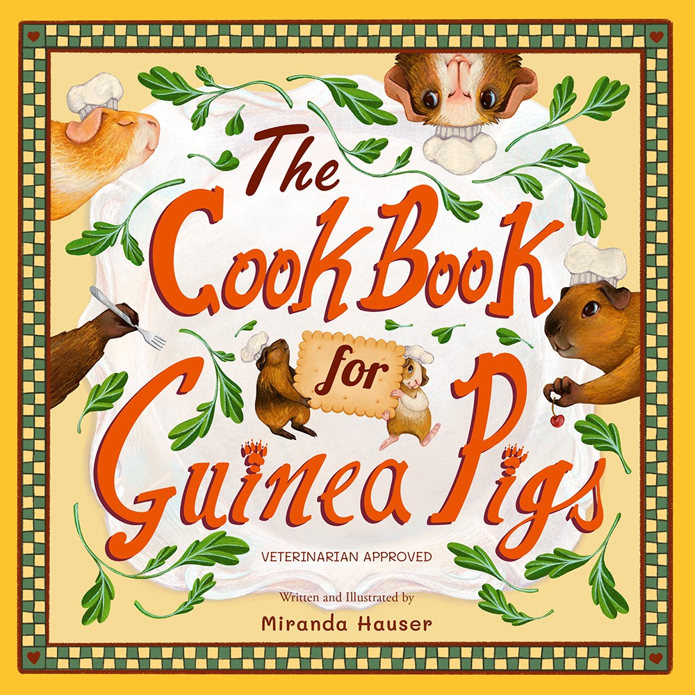 Book cover titled 'The Cook Book for Guinea Pigs' with illustrations of guinea pigs and herbs.