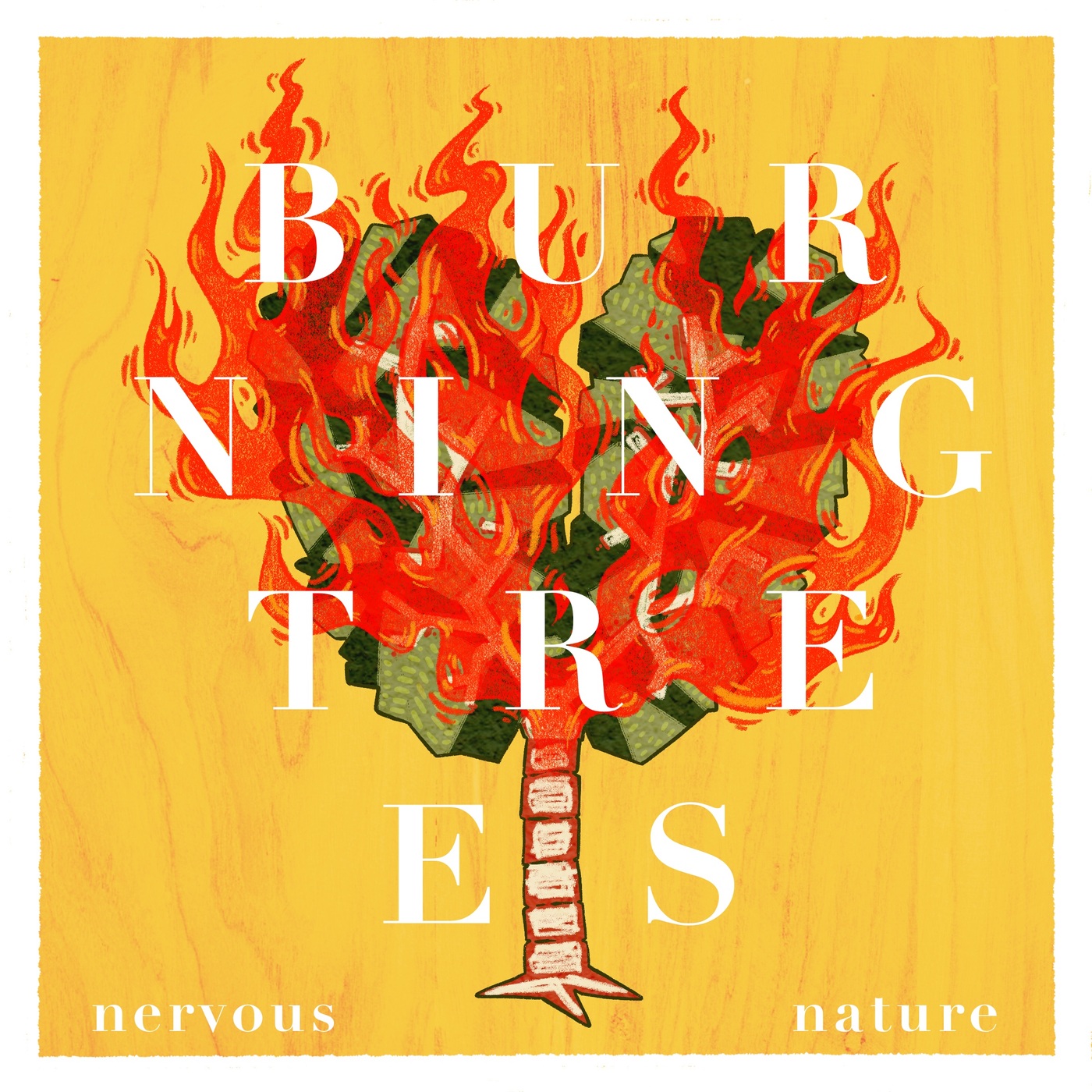 Illustration of a burning tree with red flames and green leaves on a yellow background.