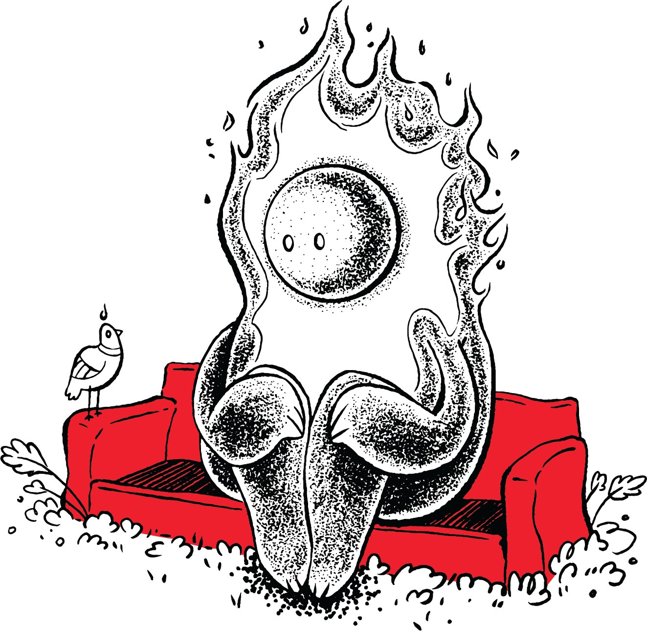 A cartoon flamingo sitting on a red couch with a large, flaming, abstract figure in front of it, surrounded by grass.