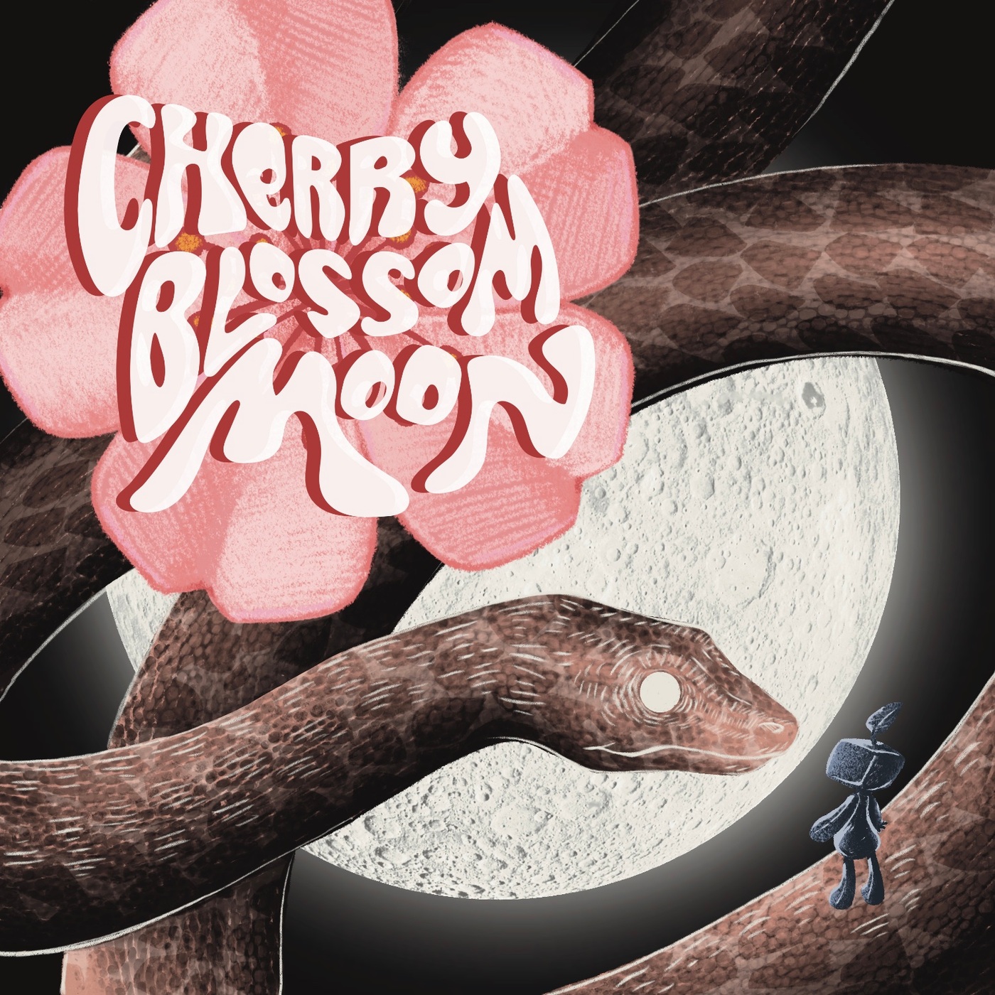 Pink flower with white text reading 'Cherry Blossom Moon' and a snake coiled around a branch with a small figure nearby.