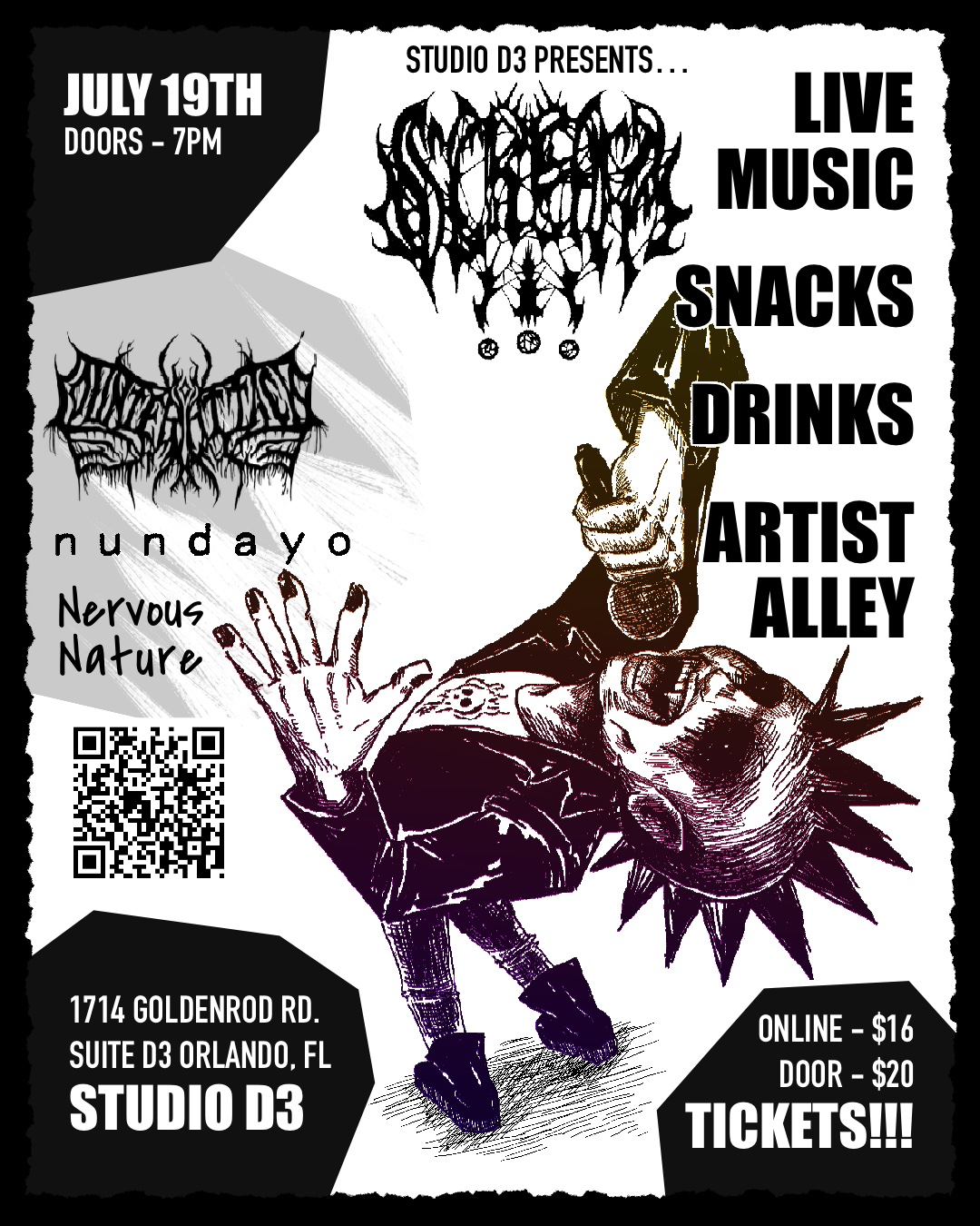Event poster with band logos, a person with a wolf mask, and text about live music, snacks, drinks, and tickets.