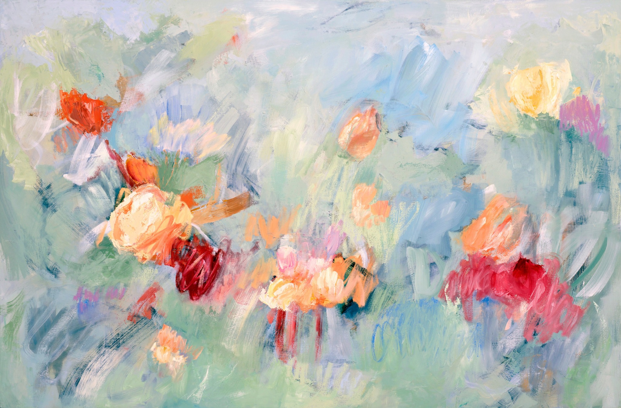Abstract floral painting with colorful flowers and soft background in pastel shades.
