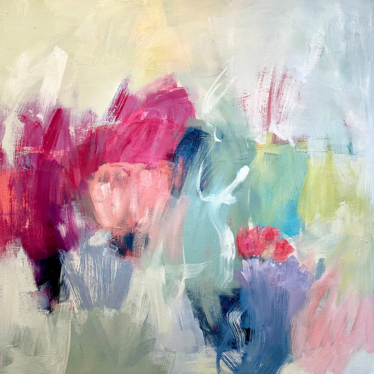 Abstract painting with pink, blue, green, and white brushstrokes, no clear objects or figures.
