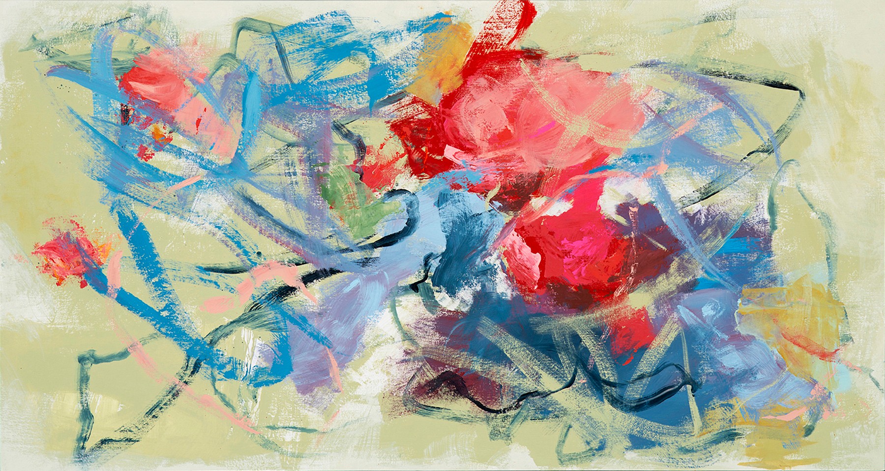 Abstract painting with blue, red, pink, and yellow brushstrokes on a light background.