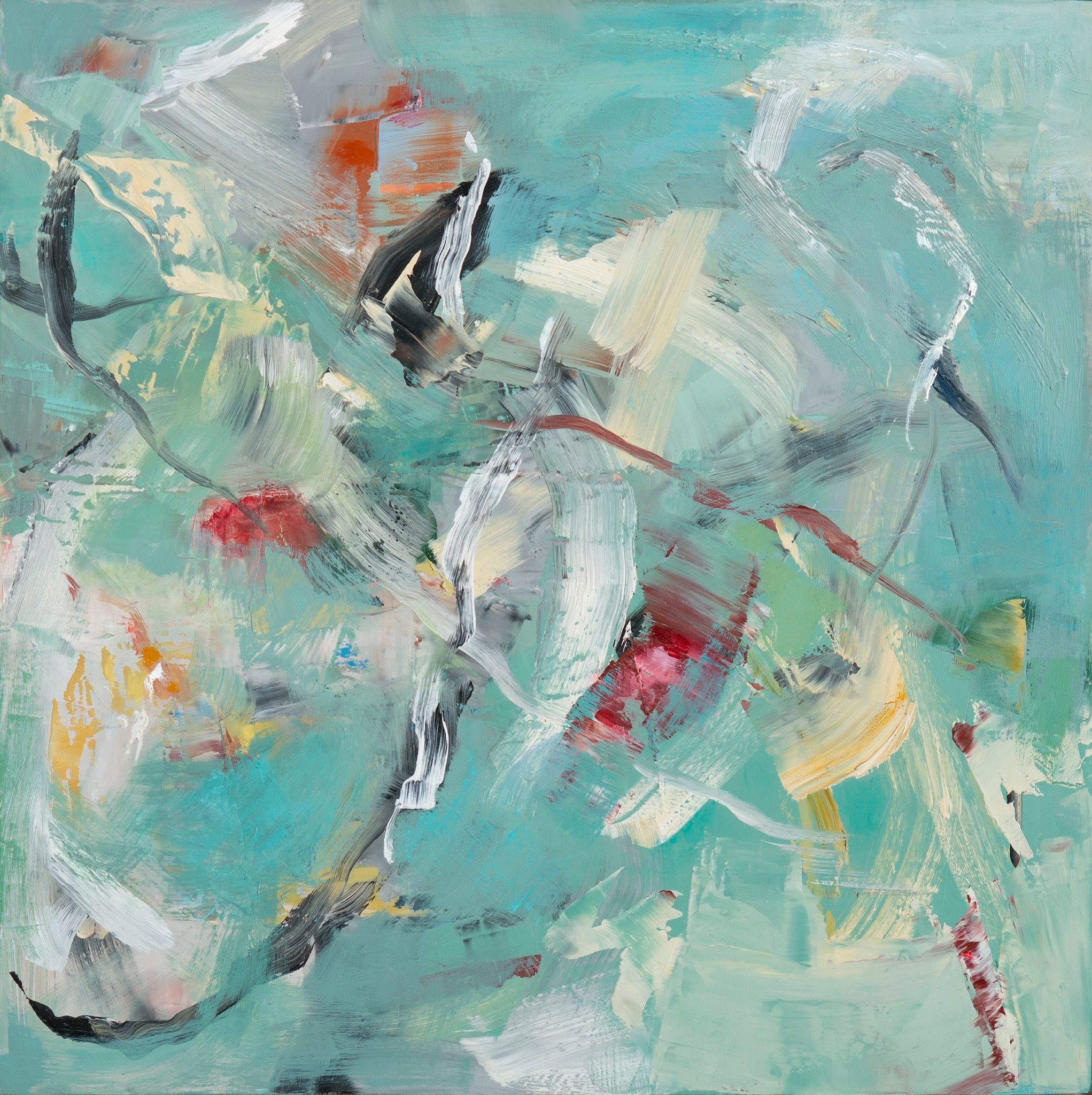 Abstract painting with blue, white, black, red, and yellow brushstrokes and shapes.