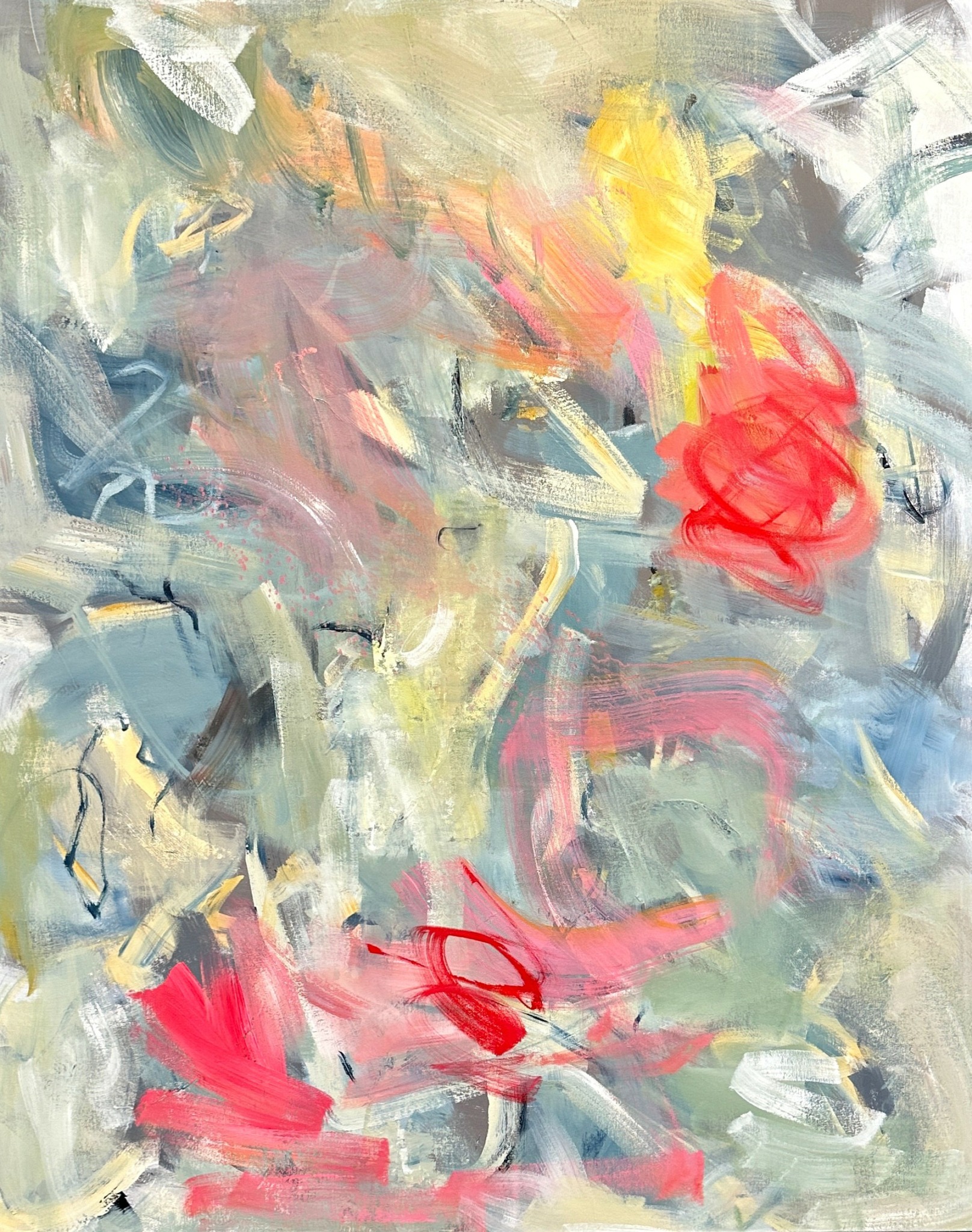 Abstract painting with pastel colors, red and yellow accents, and dynamic brushstrokes.
