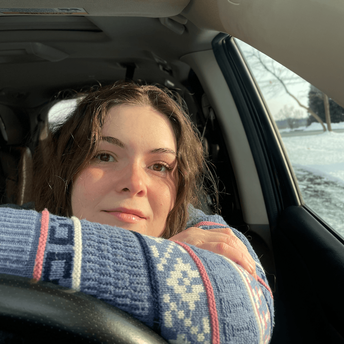 Young woman with wavy hair resting her head on her arm inside a car, snowy landscape visible outside window.