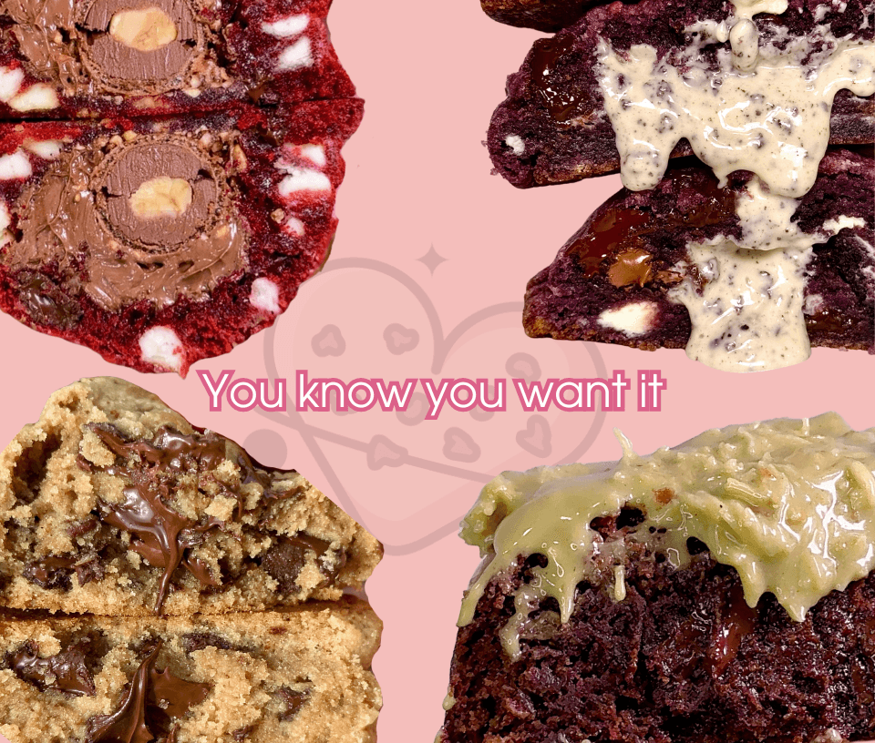 Four slices of different cakes arranged around a pink background with pink text in the center.