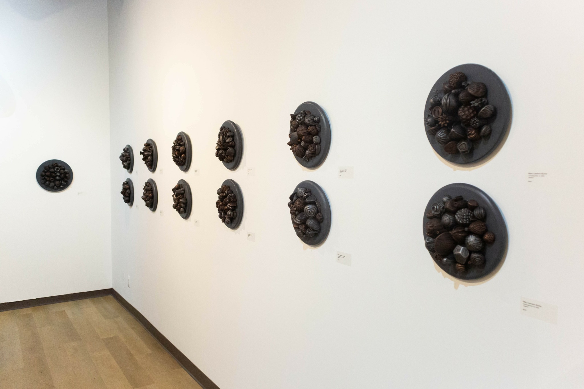 Multiple black circular plates with dark round objects arranged on a white wall in an art display.