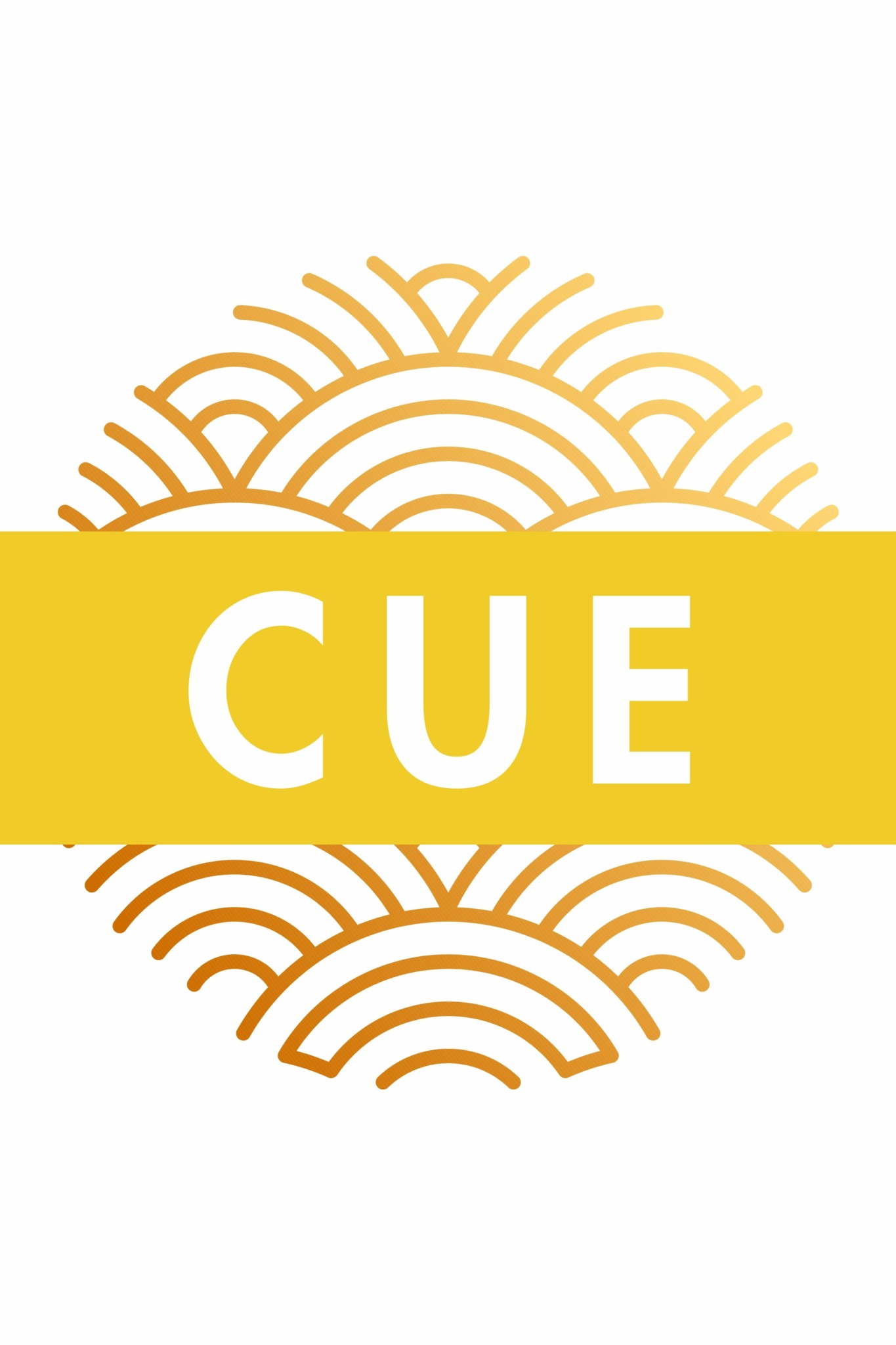 Design with a yellow band and white text reading 'CUE' over a decorative gold pattern.