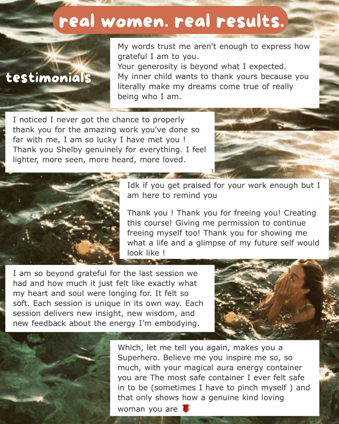 Collection of testimonial messages with positive feedback and gratitude, some with highlighted words and decorative elements.
