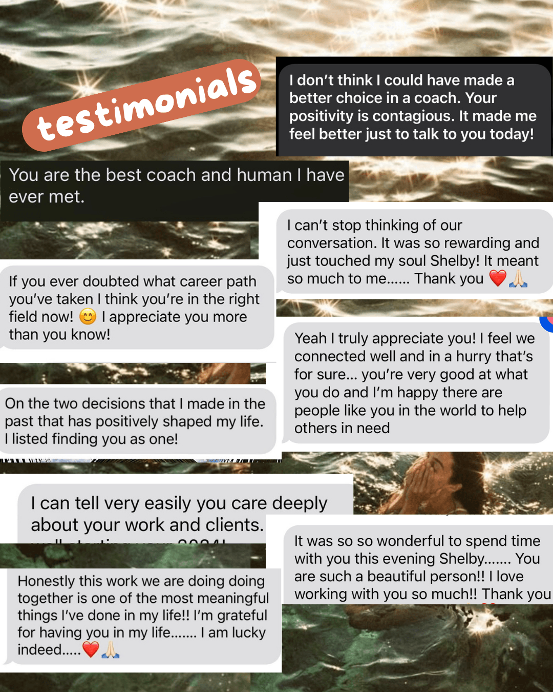Multiple speech bubbles with testimonials about coaching, expressing gratitude and positive experiences, with a red 'testimonials' label.