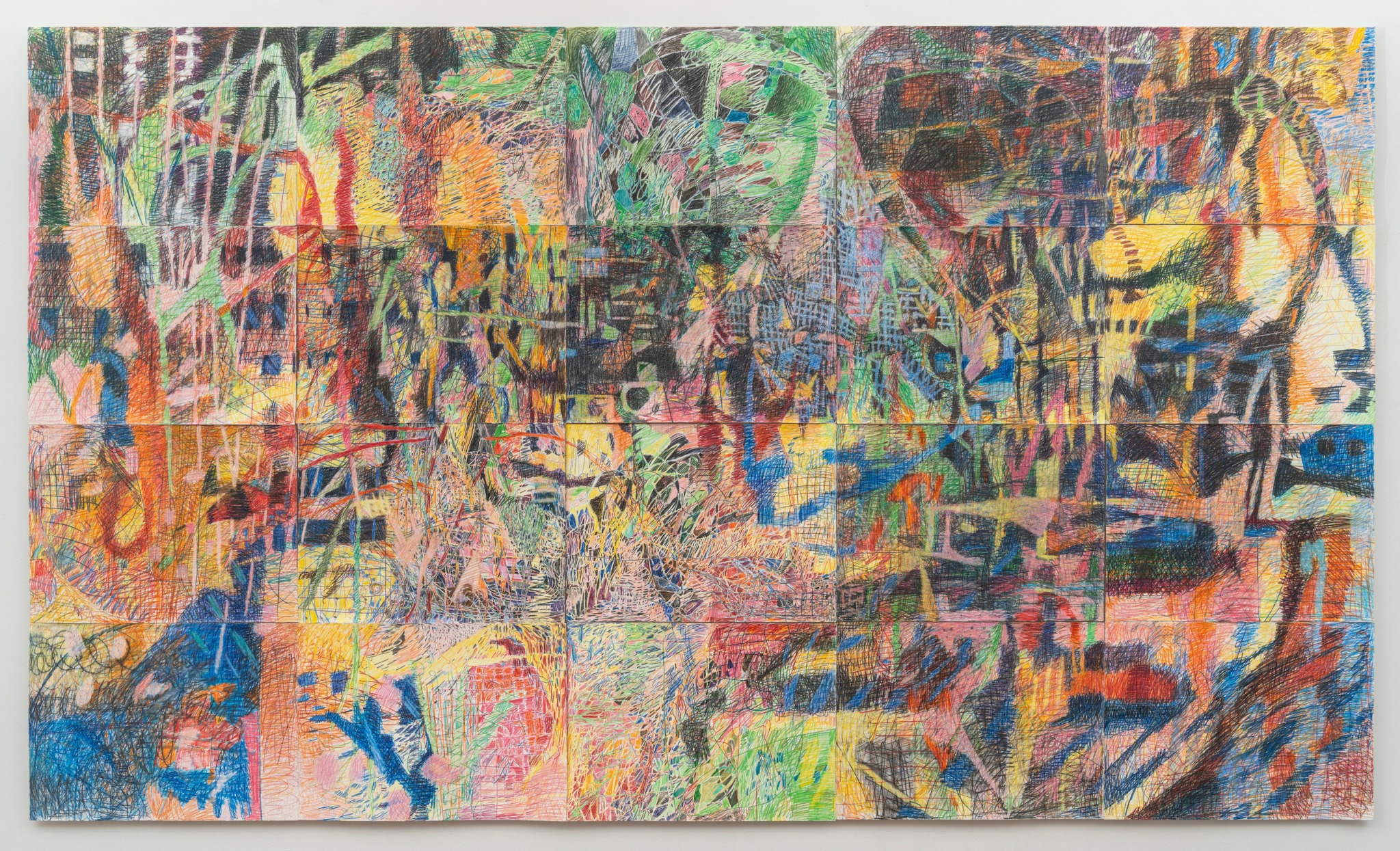 Abstract painting with vibrant colors and layered brushstrokes, creating a complex, textured composition.