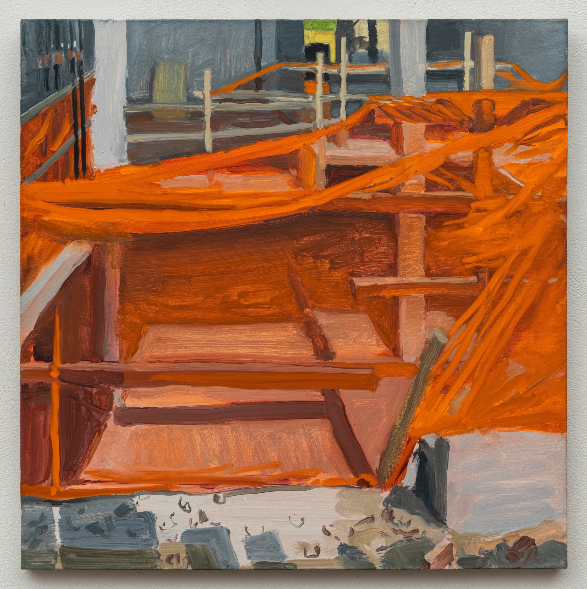 Abstract painting of construction site with orange and gray tones, showing wooden structures and a partially built framework.