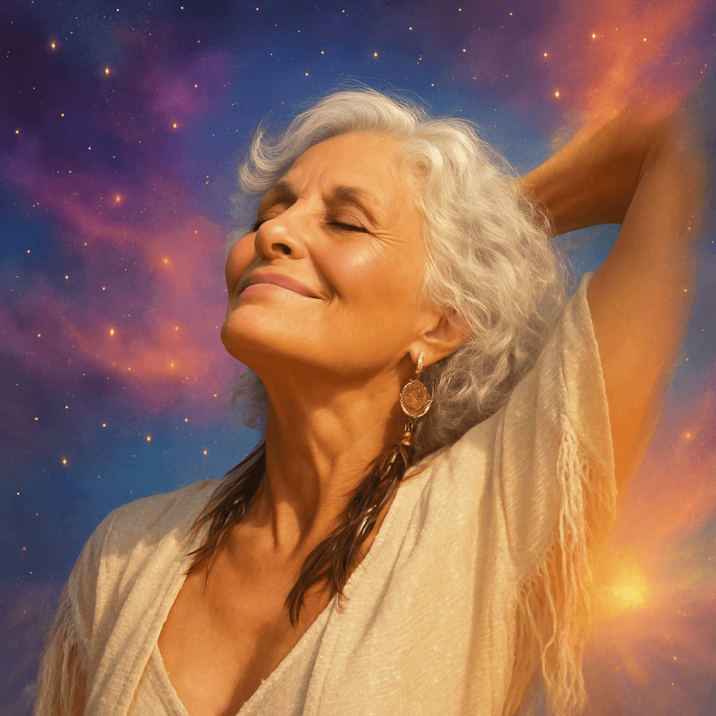 Older woman with gray curly hair smiling with eyes closed, one arm raised, against a colorful cosmic background.