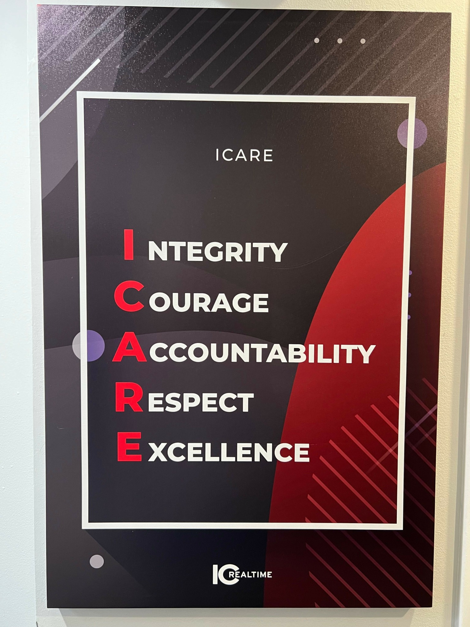 Poster with words: Integrity, Courage, Accountability, Respect, Excellence, on a red and black background.