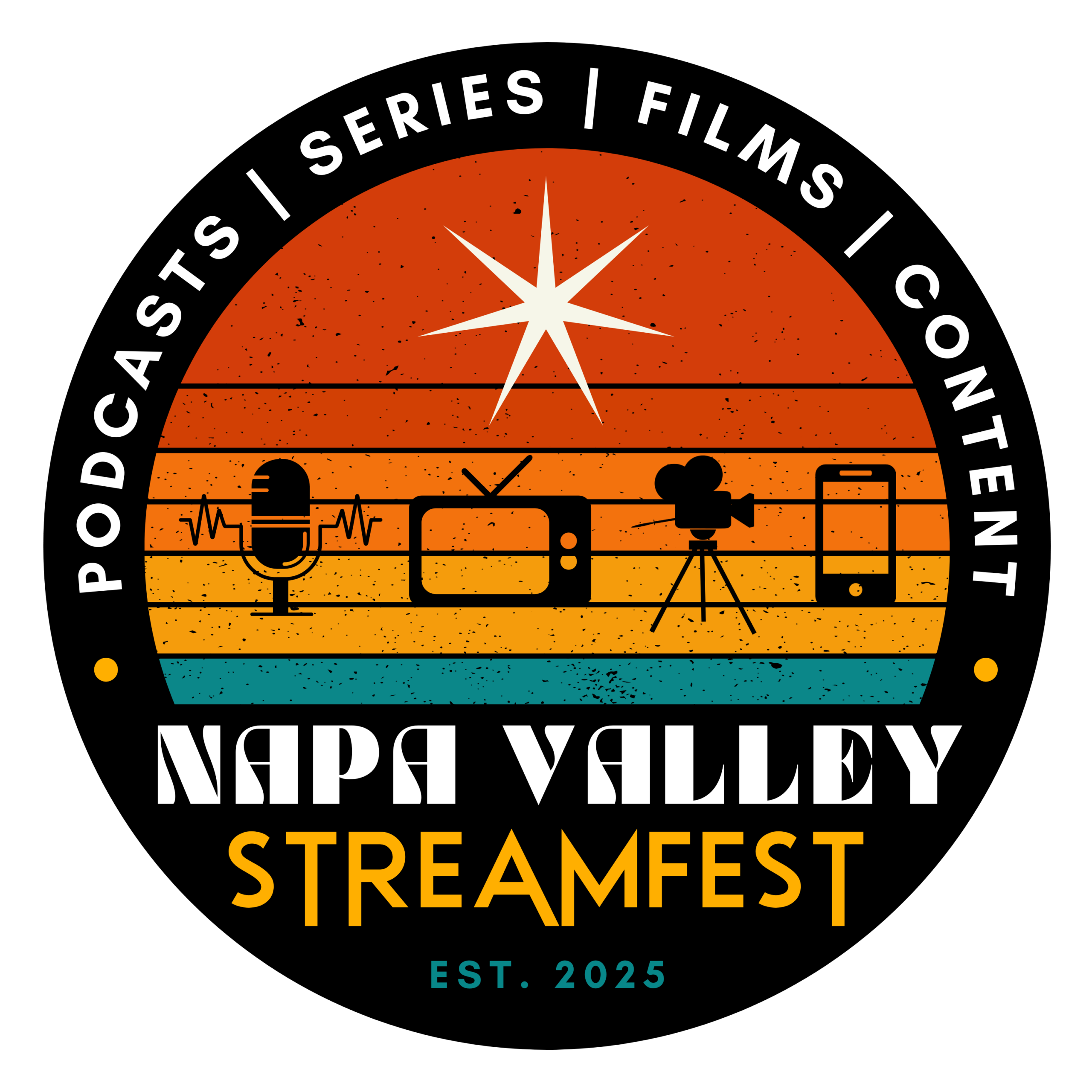 Circular logo with a star, radio, camera, and phone icons, and text about Napa Valley Streamfest, established 2025.