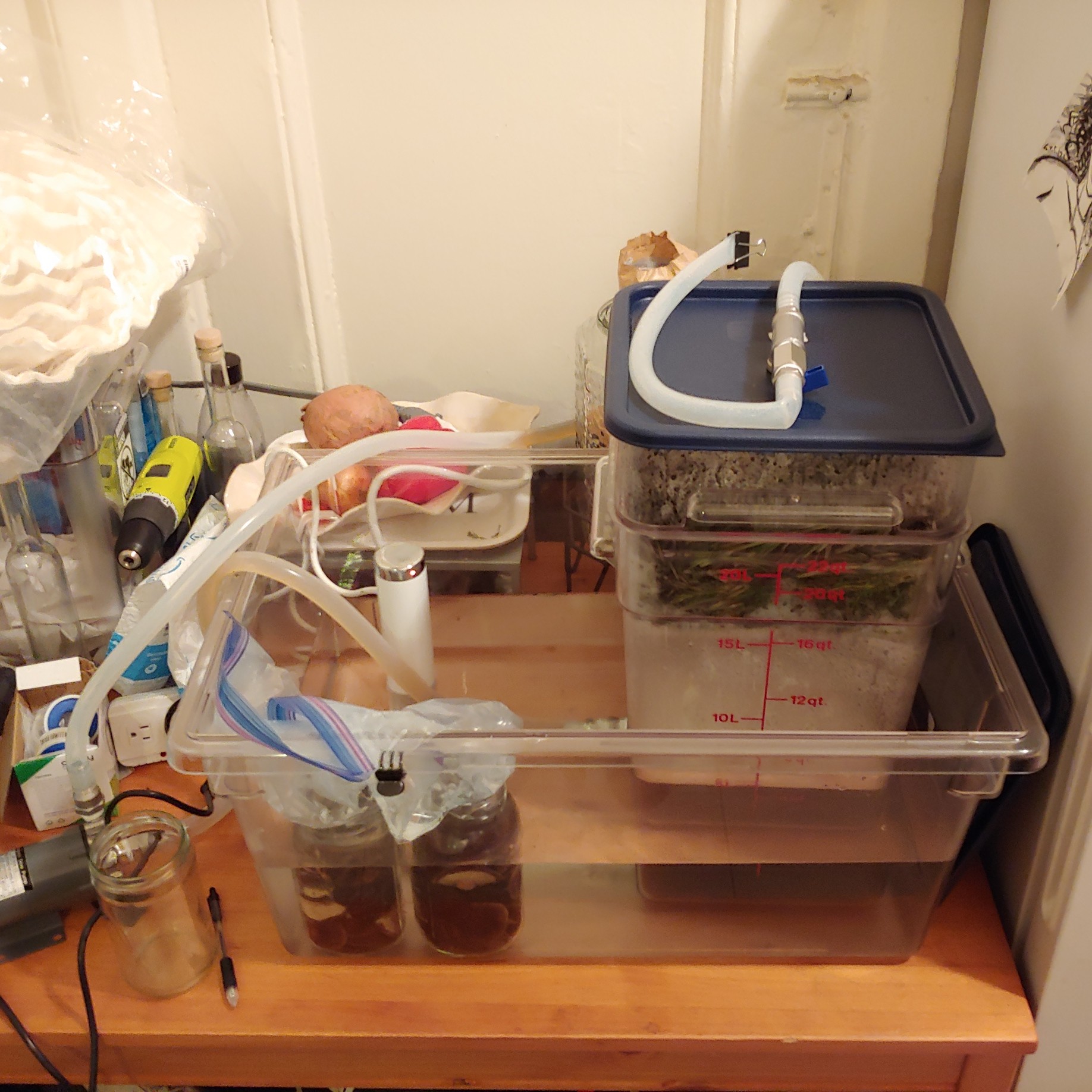 Medical setup with tubes, containers, and a small baby in a hospital bassinet on a wooden table.