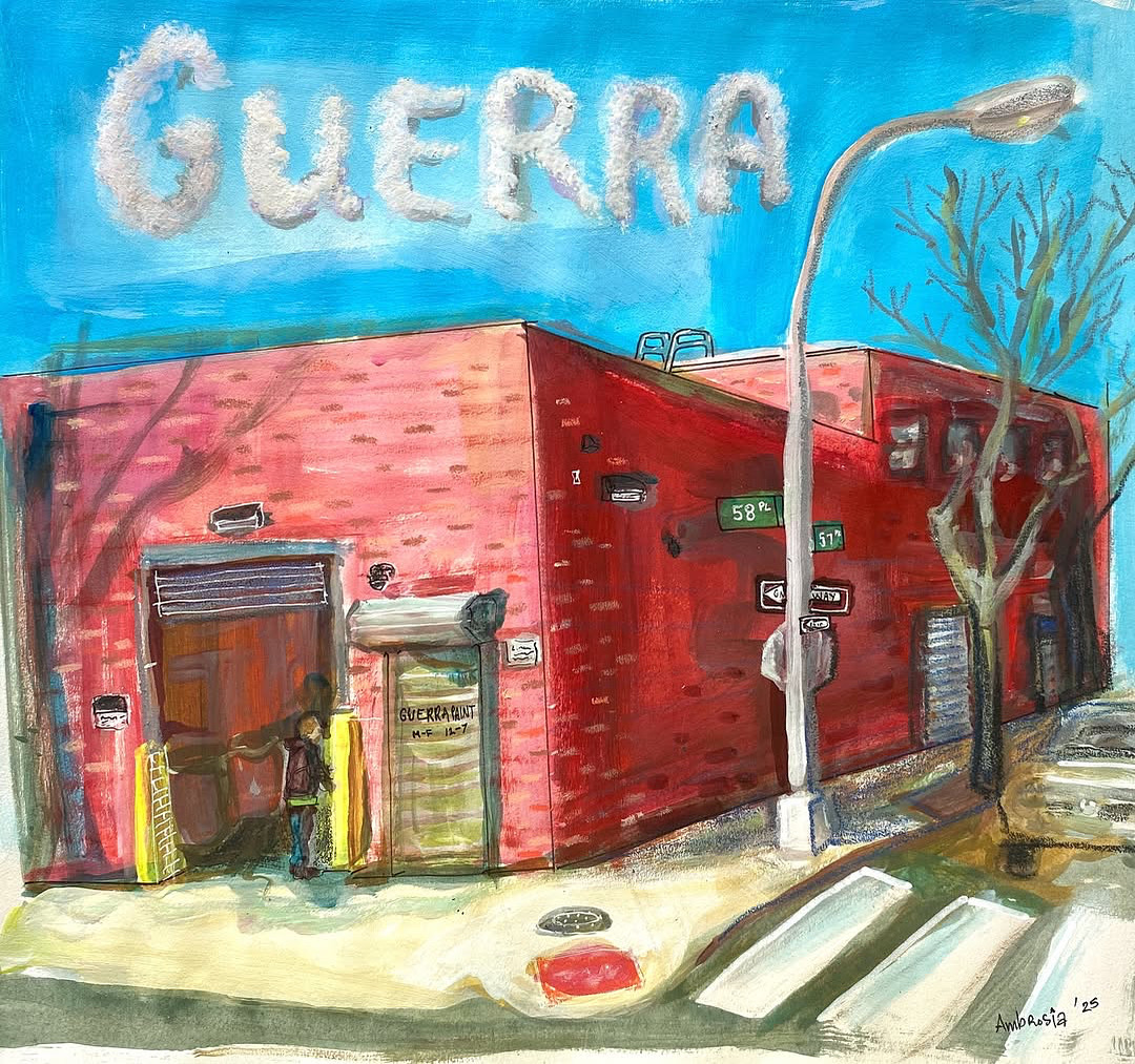 Red building with open garage door, streetlamp, leafless tree, and cloudy sky with the word 'GUERRA' written in the sky.