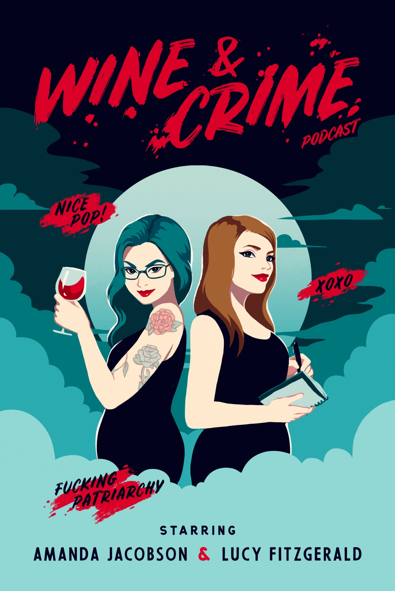 Two women holding wine glasses, one with glasses and tattoos, the other with long hair, against a moonlit sky background.
