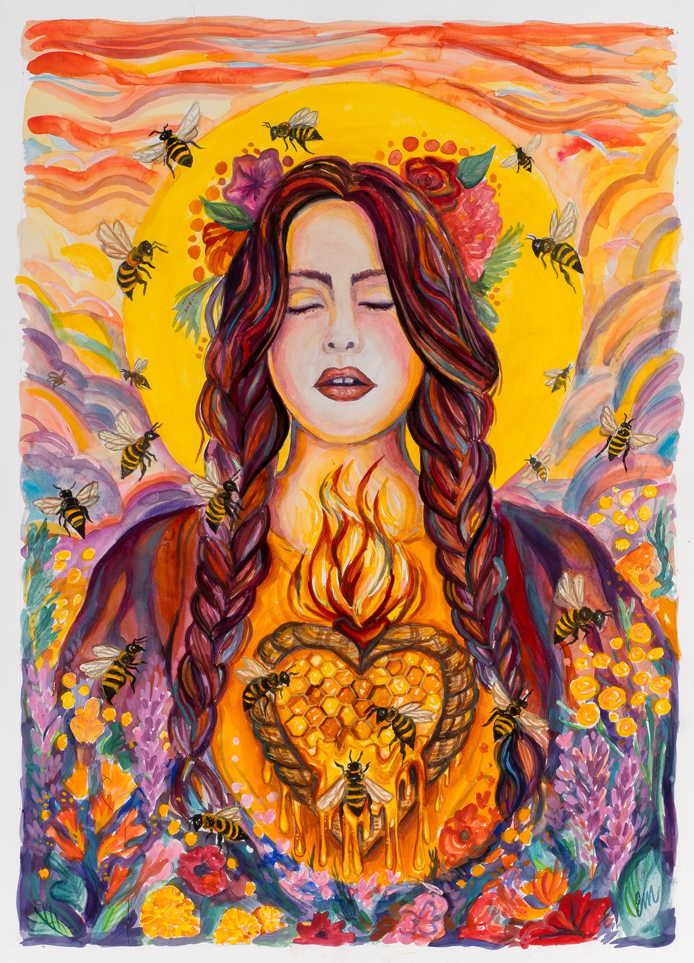 Woman with closed eyes, long braided hair, surrounded by bees, colorful flowers, and a glowing heart with flames.