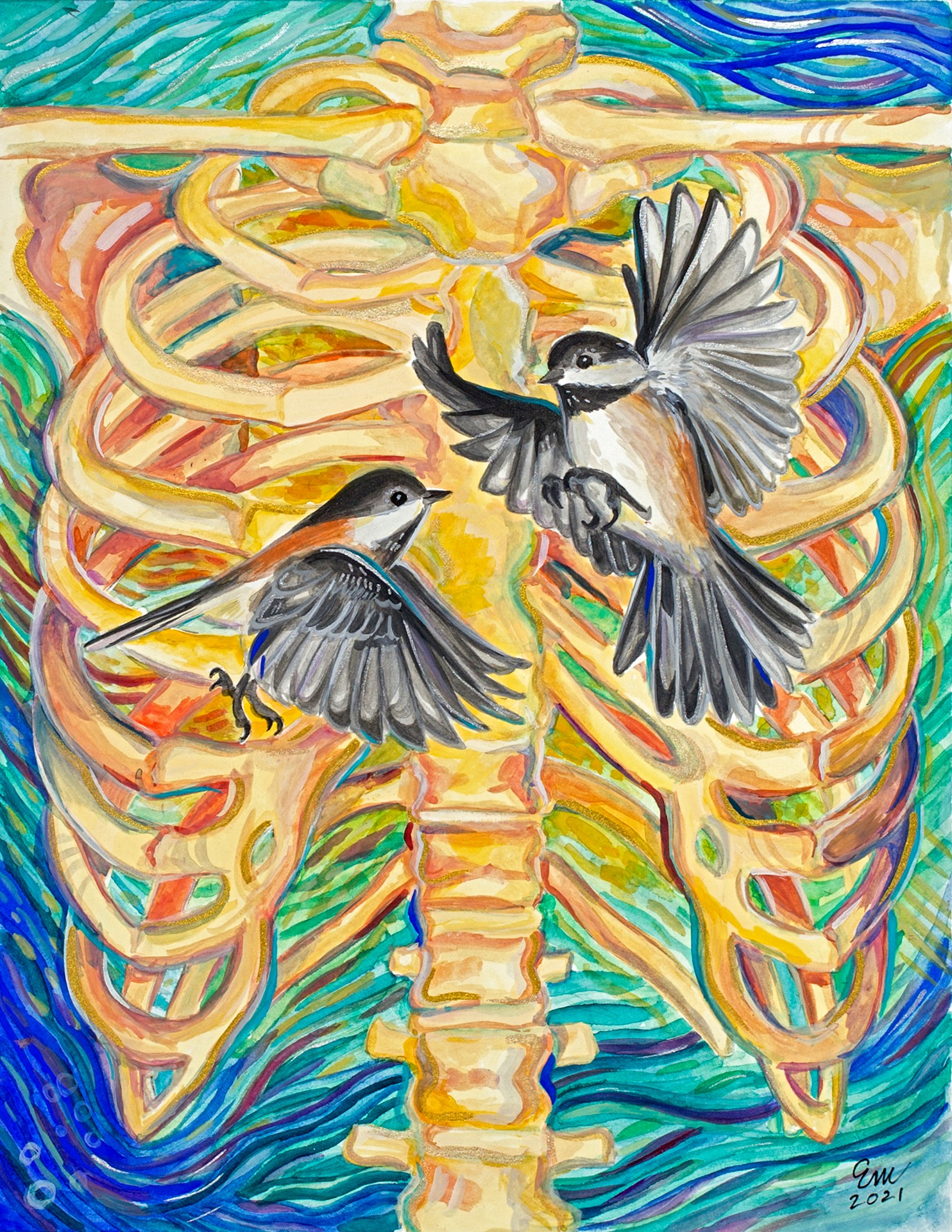 Two birds flying in front of a colorful, abstract background resembling a ribcage and internal organs.